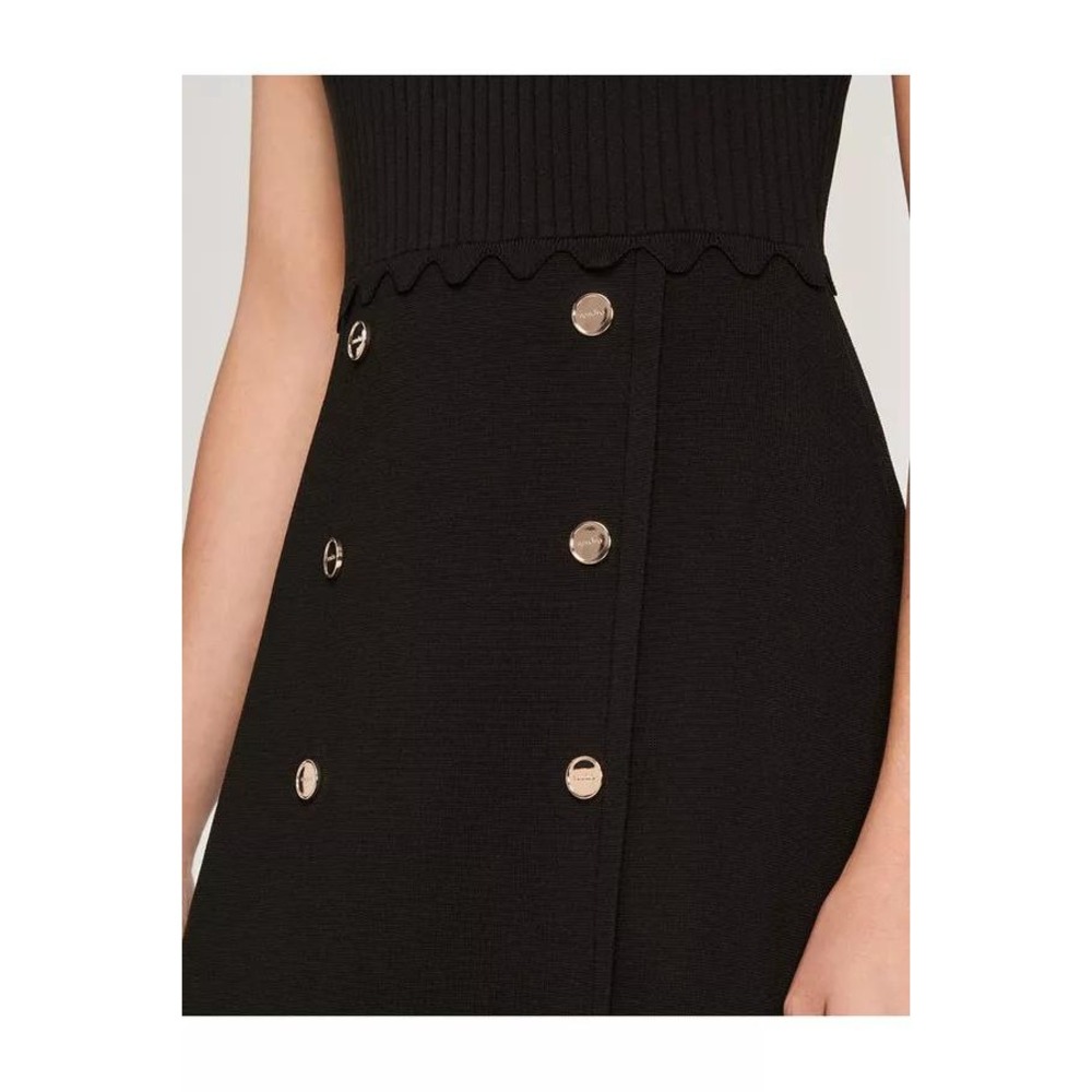 Sandro Black Ribbed Knit Short Sleeve A-Line Dress Gold Button Detail Size 36 - Picture 3 of 14
